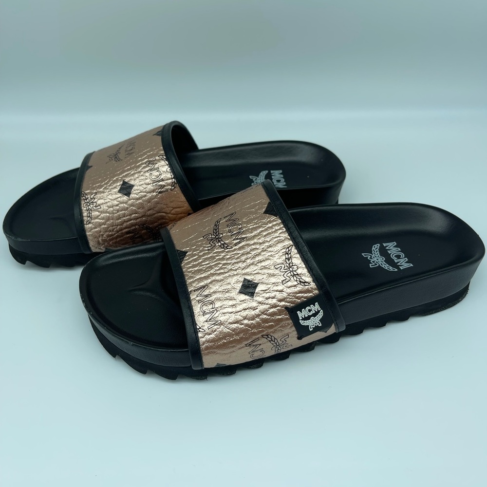 MCM Women's Black and Gold Slide Sandals